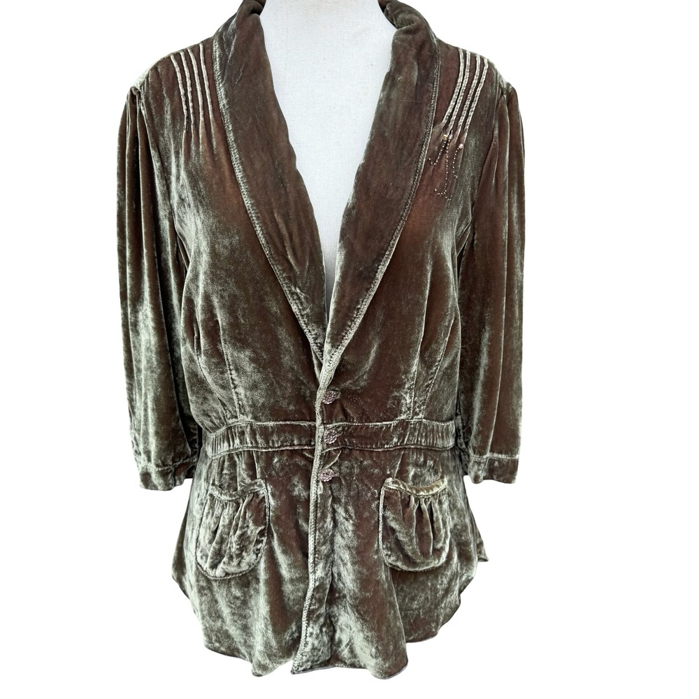 Burning Torch Anthropologie Silk Blend Velvet Beaded Peplum Jacket Olive Brown L